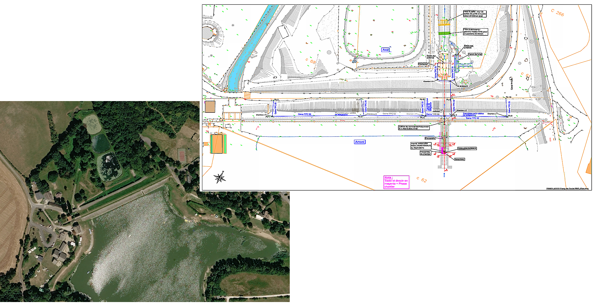 vue aérienne et plan de masse de l'étang de goule et du projet des travaux